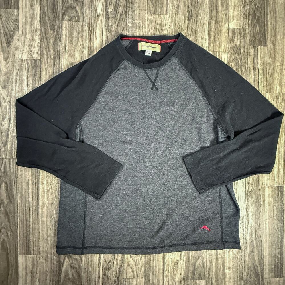 Tommy Bahama Raglan Long Sleeve Shirt Gray Black Mens L Poly Cotton Blend